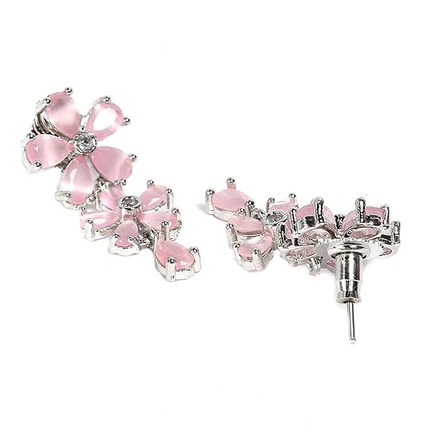 Rhodium Plated Silver Toned White American Diamond Studded Flower Shaped Jewellery Set For Girls and Women