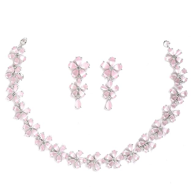 Rhodium Plated Silver Toned White American Diamond Studded Flower Shaped Jewellery Set For Girls and Women