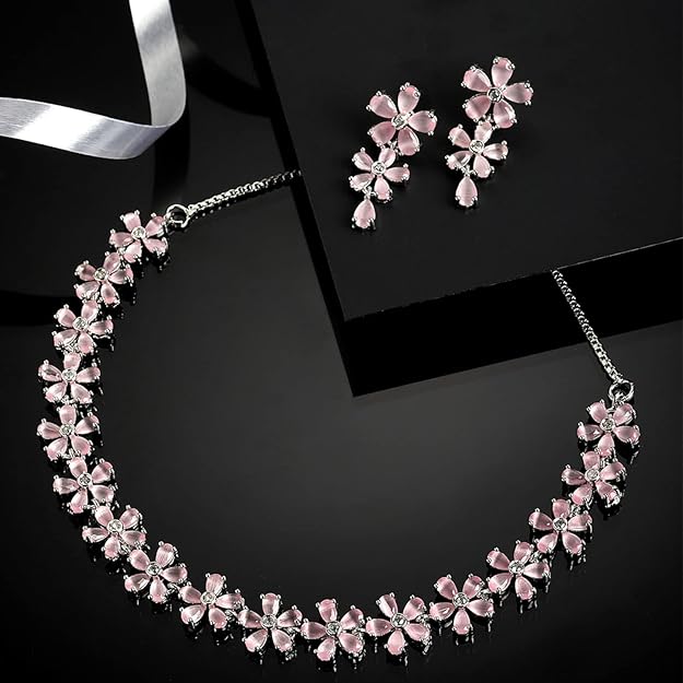 Rhodium Plated Silver Toned White American Diamond Studded Flower Shaped Jewellery Set For Girls and Women