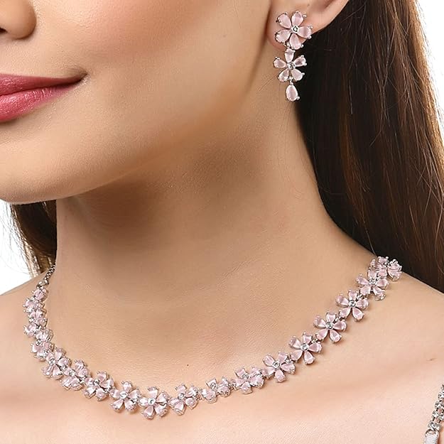 Rhodium Plated Silver Toned White American Diamond Studded Flower Shaped Jewellery Set For Girls and Women