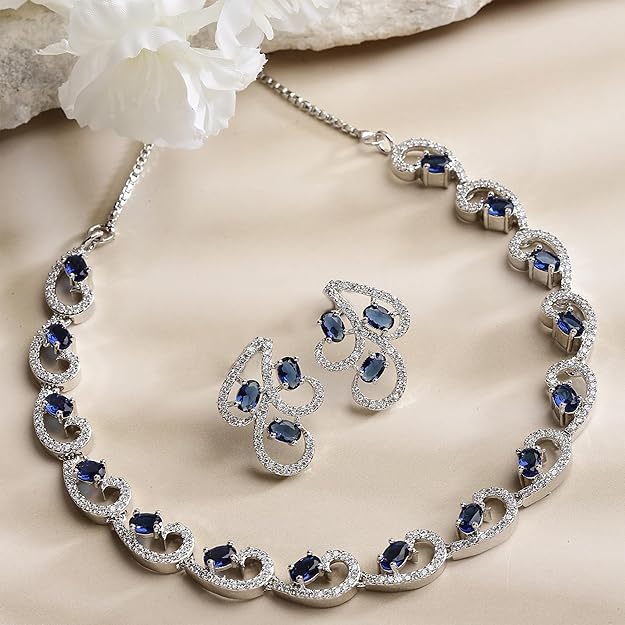 Rhodium-Plated with Silver-Toned White Cubic Zirconia & American Diamond studded Necklace